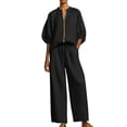 thumbnail image 2 of Zynoxe Two Piece Sets for Women With Pockets Trendy Zipper V Neck Puff Sleeve Top Elastic Waist Drawstring Wide Leg Pants Set Soft Breathable Lounge Set Versatile Solid Color Vacation Outfits 3XL, 2 of 8