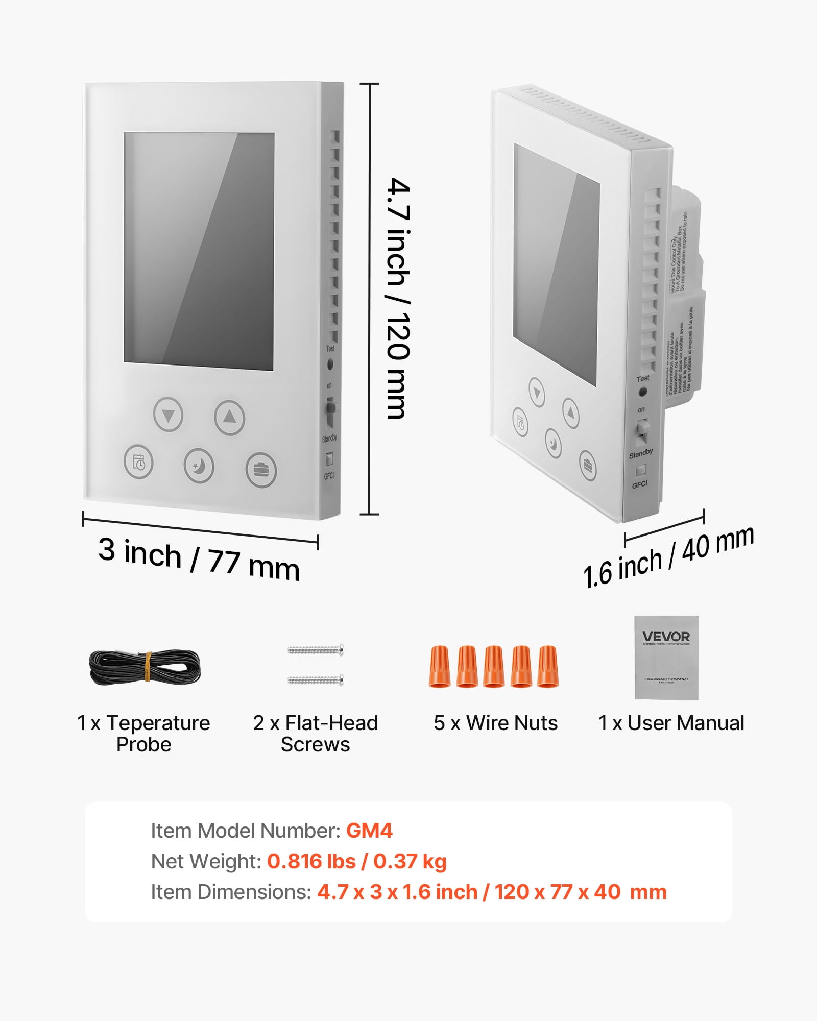VEVOR 7-Day Programmable Thermostat, Home Thermostats for Radiant Underfloor Heating Cable,Heat Pump, Built-in GFCI & Sensitive Sensor, LED Screen with Backlight,Energy-Efficient,White