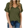 thumbnail image 2 of TIHLMK T Shirts for Women Army Green Women's Solid Short Sleeve V-Neck Casual Pockets Tee Tops T Shirt Gift for Womens Tops, 2 of 5