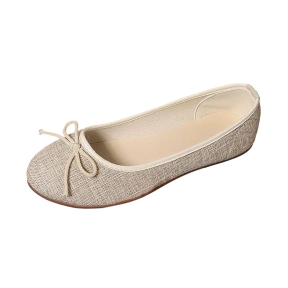 Wdhugt Women Casual Round Toe Ballet Flats Low Heel Comfort Slip On Walking Shoes Bow Knot Decor Beige Canvas Fabric Upper Size Us 5.5