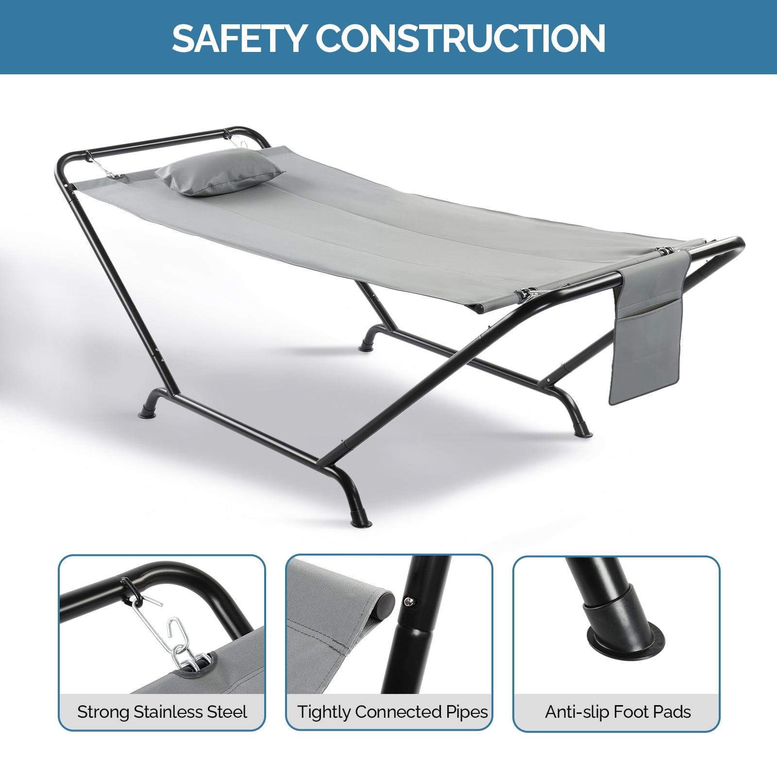 Freestanding Hammock with Stand 600LBS Heavy Duty Outdoor Hammock Bed with Soft Pillow and Storage Bag Grey