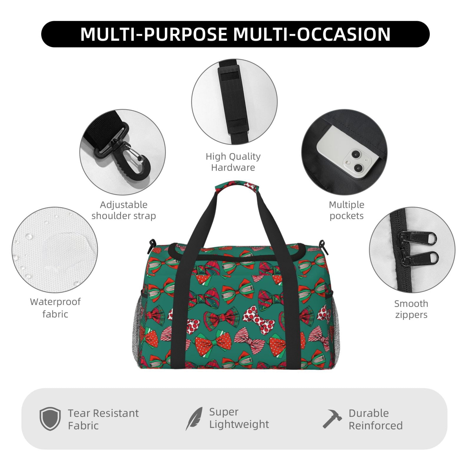 Fuzoiu red and green bow tie Print Travel Duffle Bag,Carry On Tote Bags,Duffel Bag,Sport Gym Bag, Hospital Bag for Labor and Delivery, Overnight Bag,Luggage Bag