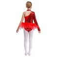 thumbnail image 4 of TTAO Robe Justaucorps à Sequins et Plumes pour Filles, une Épaule, Manches Longues, Rouge 10, 4 of 8