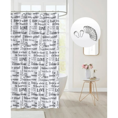 Dainty Home Printed Waffle 3D Textured Waffle Weave Textured Love Phrases Designed Fabric Shower Curtain with 12 Roller Ball Hooks included 70" x 72" in Black/White