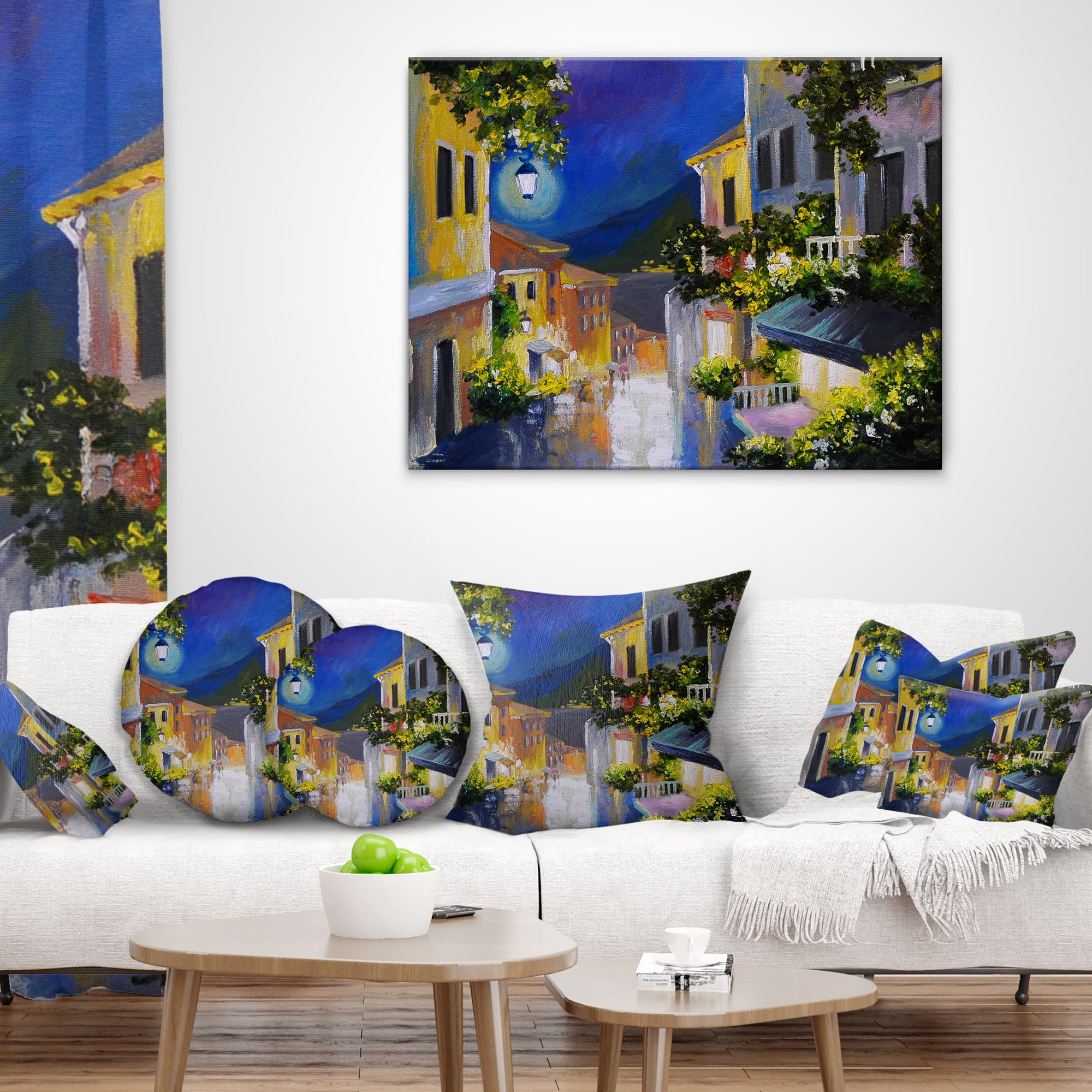 Designart Night City near Sea - Landscape Printed Throw Pillow - 18x18
