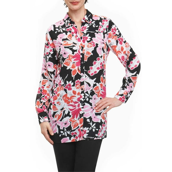 Foxcroft Women’s Jade Blooming Floral Tunic Shirts, Red Flower, 8AV/MD/RG