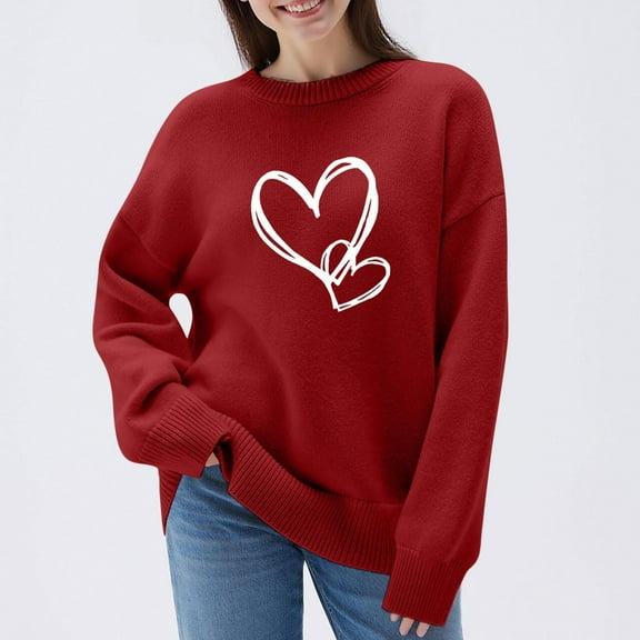 YueHuiYing Women's Heart Sweater Crew Neck Casual Long Sleeve Loose fit Love Print Ribbed Knit Sweaters Pullover Top