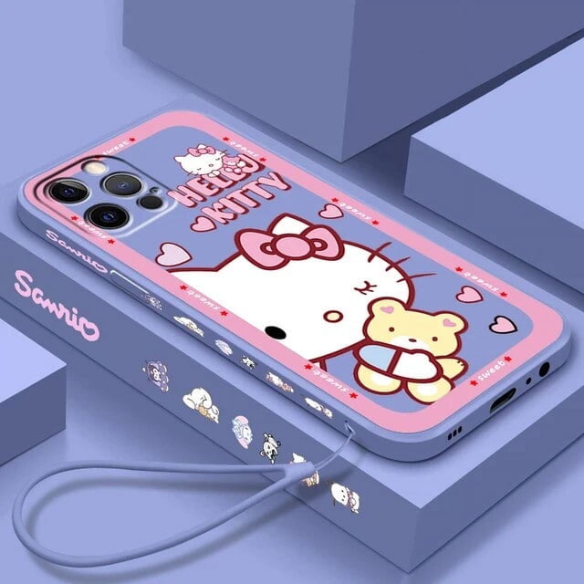 Sanrio Hello Kitty Cartoon Liquid Left Rope For Apple iPhone 15 14 13 12 11 XS XR X 8 7 SE Pro Ultra Max Plus Mini Phone Case LXY