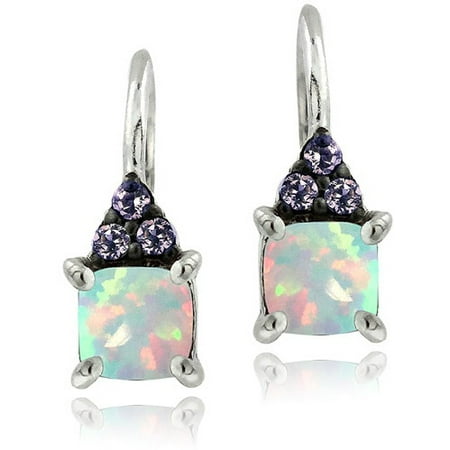 Sterling Silver Created Opal and Amethyst Leverback Earrings
