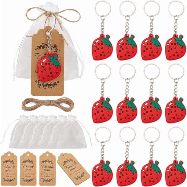 Juego de 30 llaveros de fresa, 10 llaveros de fresa con 10 bolsas de organza y 10 etiquetas de agradecimiento para recuerdos de fiesta.