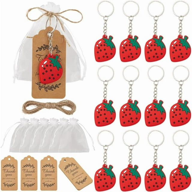 Juego de 30 llaveros de fresa, 10 llaveros de fresa con 10 bolsas de organza y 10 etiquetas de agradecimiento para recuerdos de fiesta.