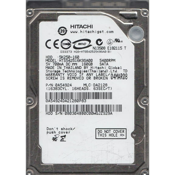 HTS542516K9SA00, PN 0A54924, MLC DA2128, Hitachi 160GB SATA 2.5 Hard Drive