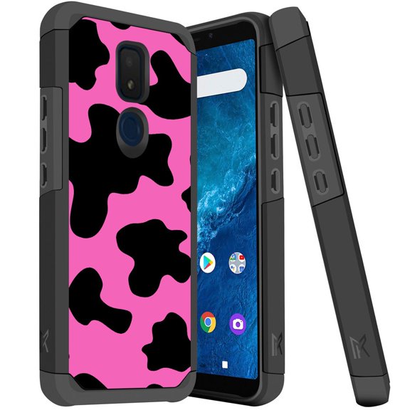 ANJ  Slim Dual Layer Hybrid Shockproof Case   Tempered Glass Cover for Cricket Icon 3, Splendor, AT&T Motivate 2 - Pink Cow Print
