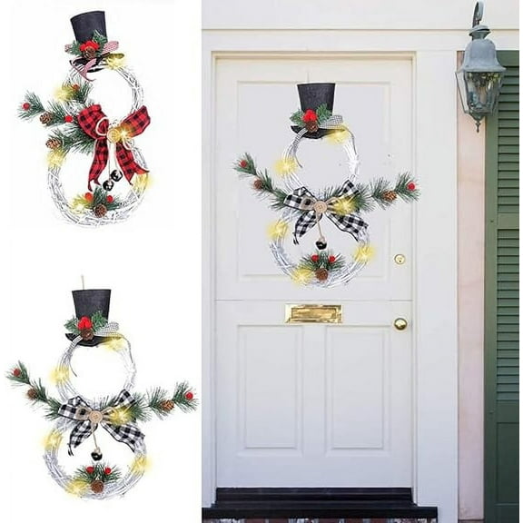 Christmas Wreath Decoration - Lighted Ornament Home Decoration Garland Pendant with Beautiful Bow, Snowman Shape Wreath for Front Door Home Wall Decor,15.7inch