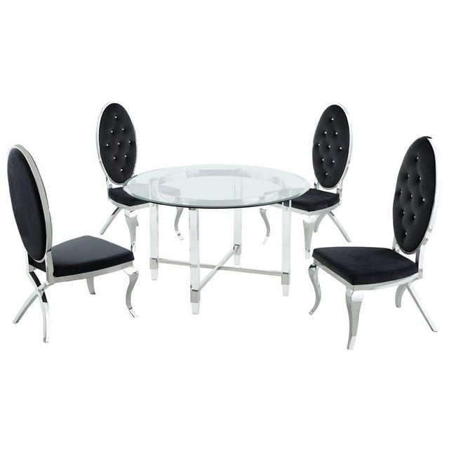 5 Piece Dining Set with Circular Glass Table and Silver Stainless Steel Accents