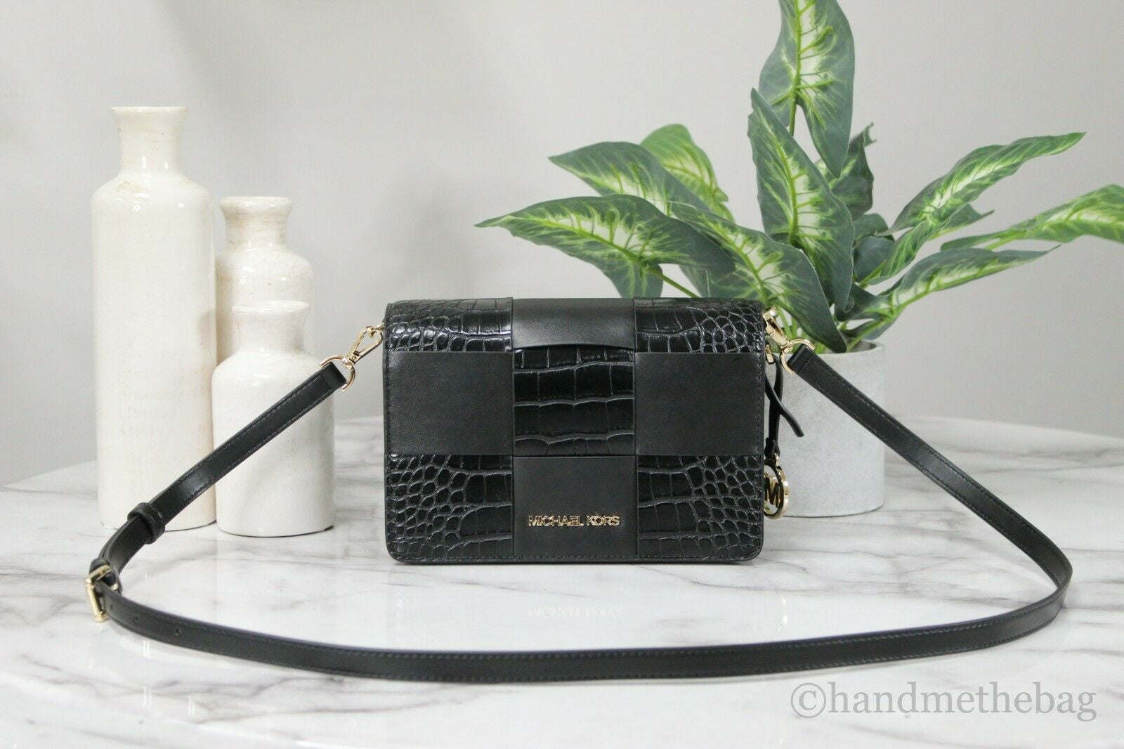 Michael Kors Mercer Small Patent Leather Crocodile Print Flap Clutch Bag  Crossbody Handbag (Black) 