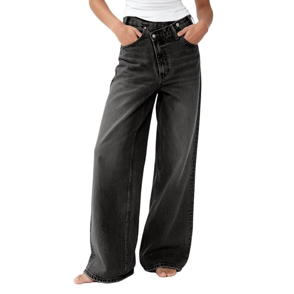 Zivyakyron Full Length Womens Wide Leg Jeans Denim Casual Baggy Summer Women's Jeans Asymmetrical Plain Vintage Culottes Pants
