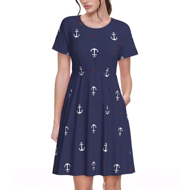 Easygdp Anchor Heart Blue para Vestido Transpirable de Mujer, Vestido Suelto de Manga Corta con Pliegues y Bolsillos para el Verano