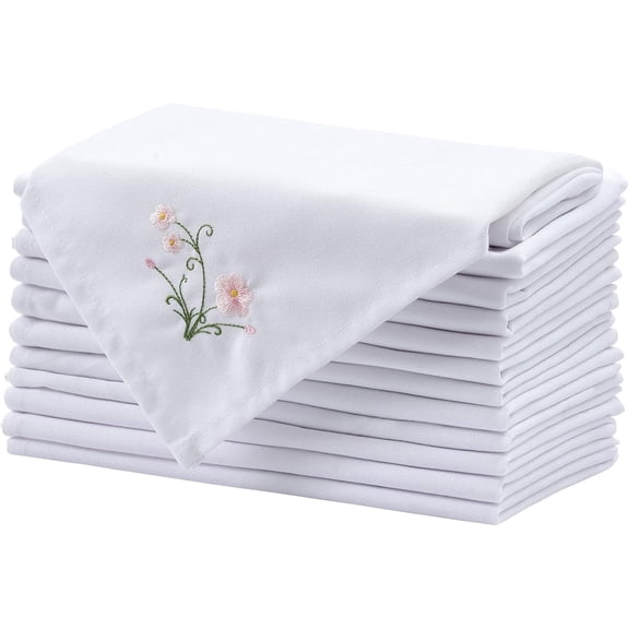 Cloth Napkins 20x20 Inch 12 Pack, Embroidered Table Napkins, 250 GSM Thick Absorbent, Soft Washable Dinner Napkins (White1)
