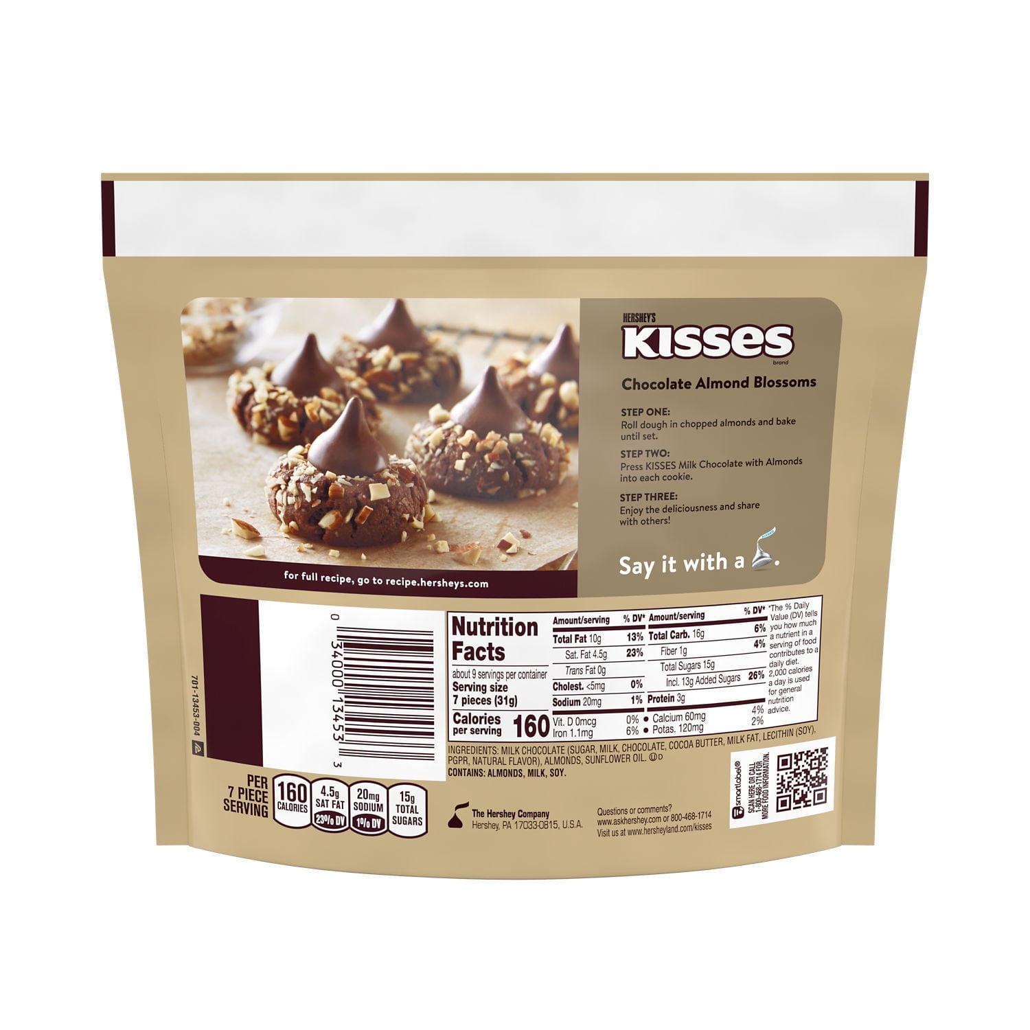 Hershey's Kisses Milk Chocolate with Almonds Candy, Share Pack, 10 OZ