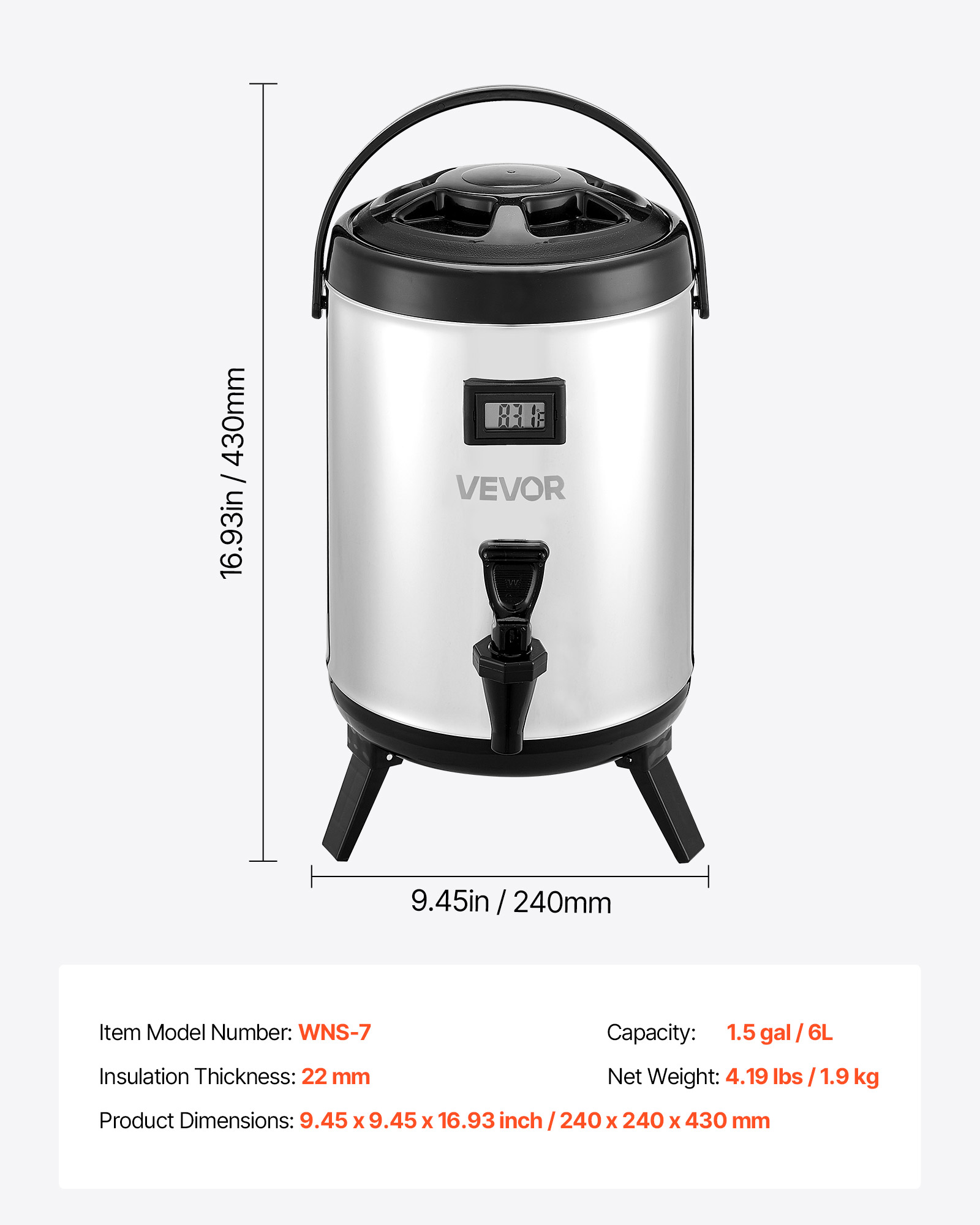 VEVOR Insulated Beverage Dispenser, 1.5 Gal/6L Stainless Steel Thermal Drink Server with Spigot & Temp Display, Suitable for Hot and Cold Drinks, for Tea Coffee Water in Cafes & Restaurants, Silver