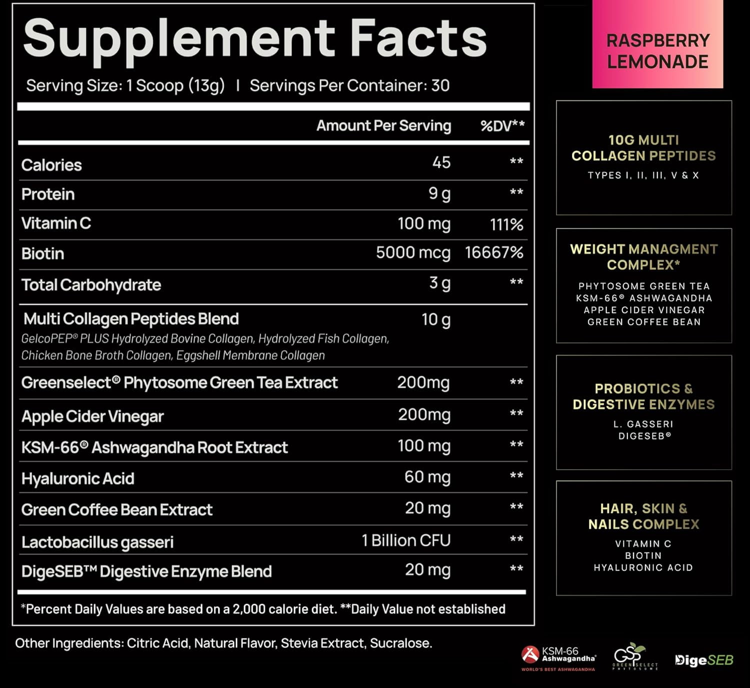 ELMNT Super Collagen Burn - Multi Collagen Peptides Powder for Women w. Apple C Vinegar (Razz Lemonade)