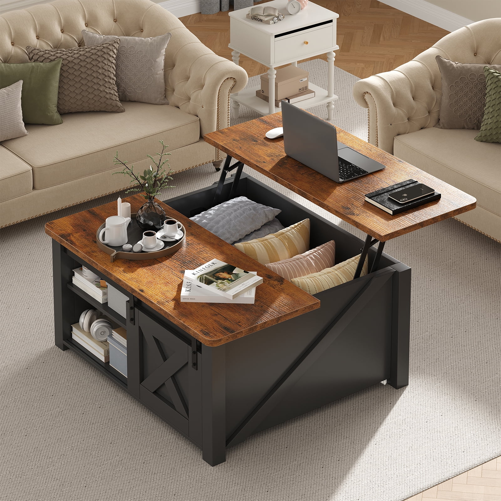CONCETTA 31.5" Lift Top Coffee Table with Large Hidden Storage, Adjustable Shelves, Black