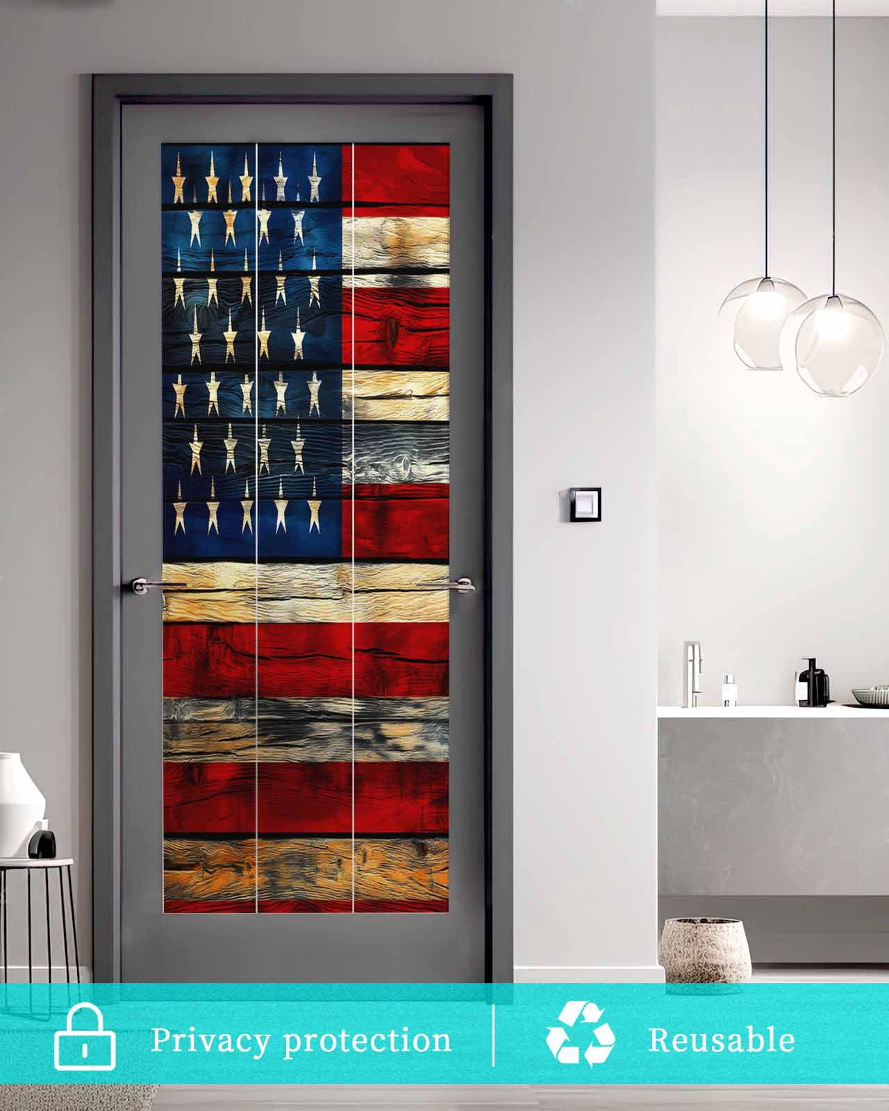 Window Privacy Film Retro American Flag Stained Glass Window Film Decorative Sun Block Window Cover Blue Red USA Flag Vintage Wood Window Clings Static Adhesive Sticker for Bathroom 23.6"x59"