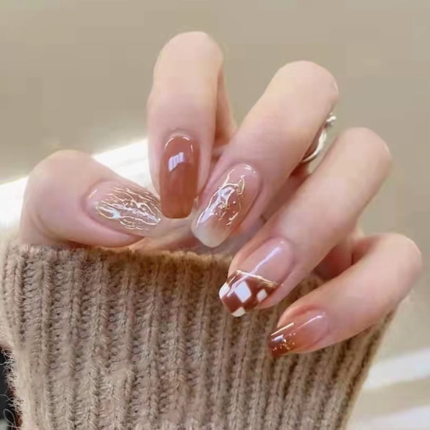 24 juegos de uñas falsas con pegamento Uñas largas manicura francesa manicura diseño de uñas extendidas arte de uñas Gao Jiahui unisex