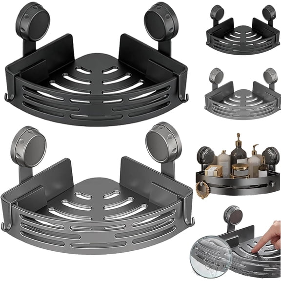 2026 New Suction Cup Corner Shower Shelf, No-Drill Bathroom Corner Shelf Strong, Waterproof Suction Cup, Bathroom Organizers and Storage Countertop for Bathroom Kitchen (Black Grey)