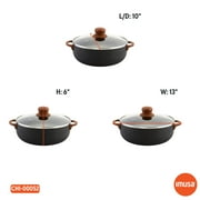 IMUSA 4.4qt Black Stone Aluminum Speckled Nonstick Caldero with Glass Lid & Wood Look Handles, Black
