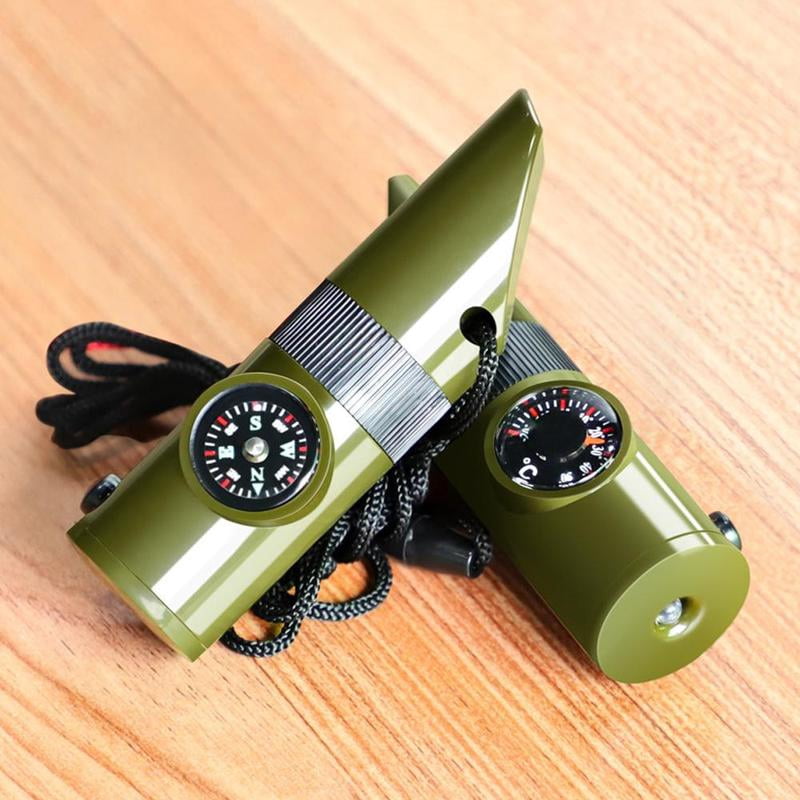 New 7 in 1 Camping Hiking Emergency Survival Whistle with Compass,Thermometer,Outdoor Whistle Camping Tools ArmyGreen Color