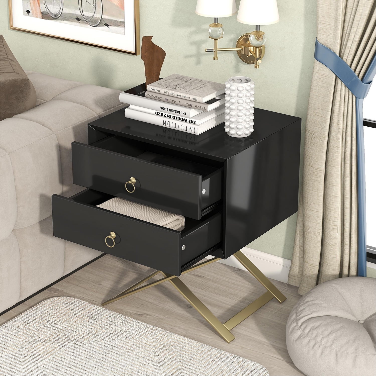 Kepooman Nightstand with 2 Drawers & Golden Handle, Storage Bedside Table, Black Kepooman Nightstand with 2 Drawers & Golden Handle, Storage Bedside Table, Black