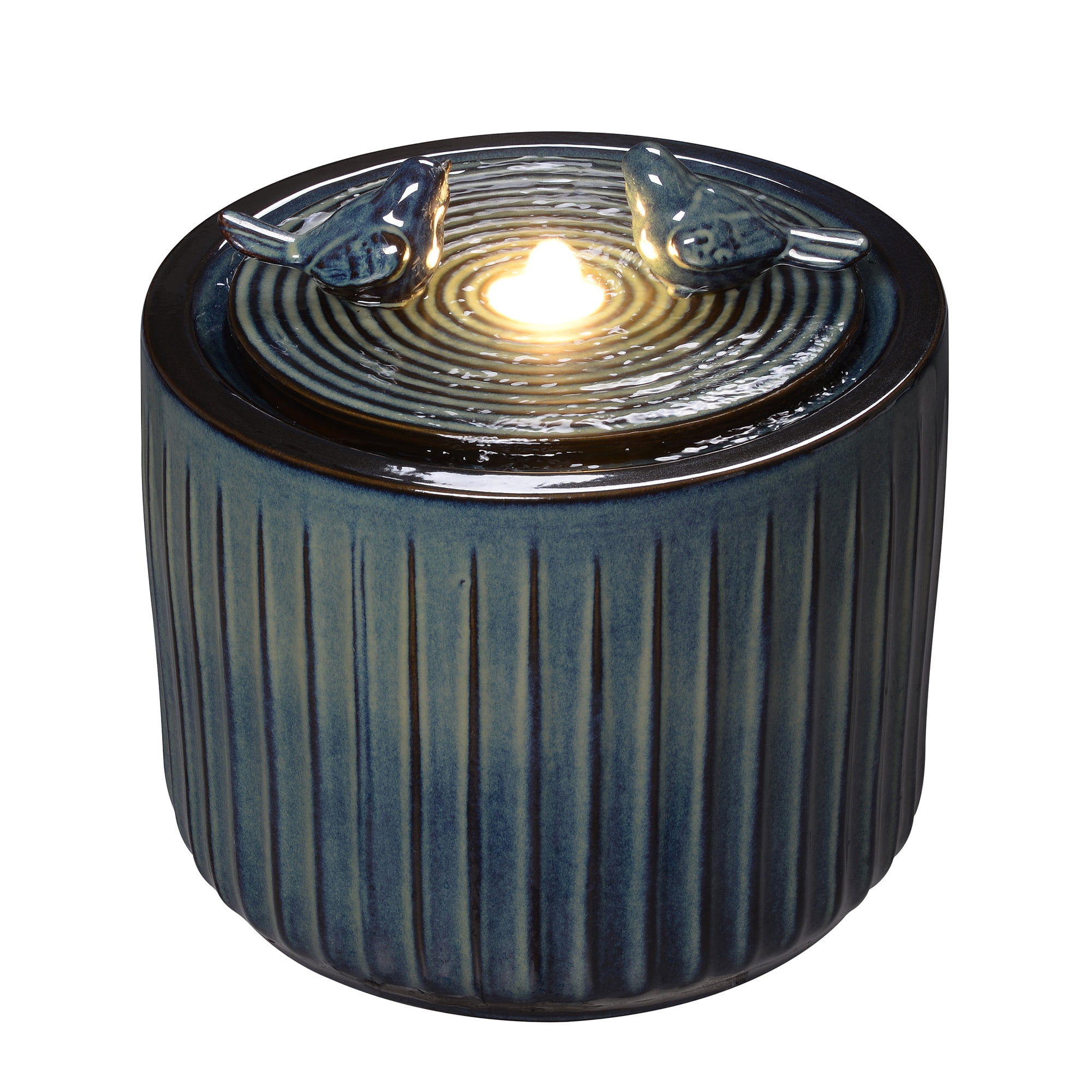 2-Tier Dark Blue Ceramic Bird Bath Fountain, Decorative Water Fountain with LED Lights and Quiet Pump, Indoor Outdoor Water Feature for Patio, Garden, Deck, Balcony, Office and Home Décor