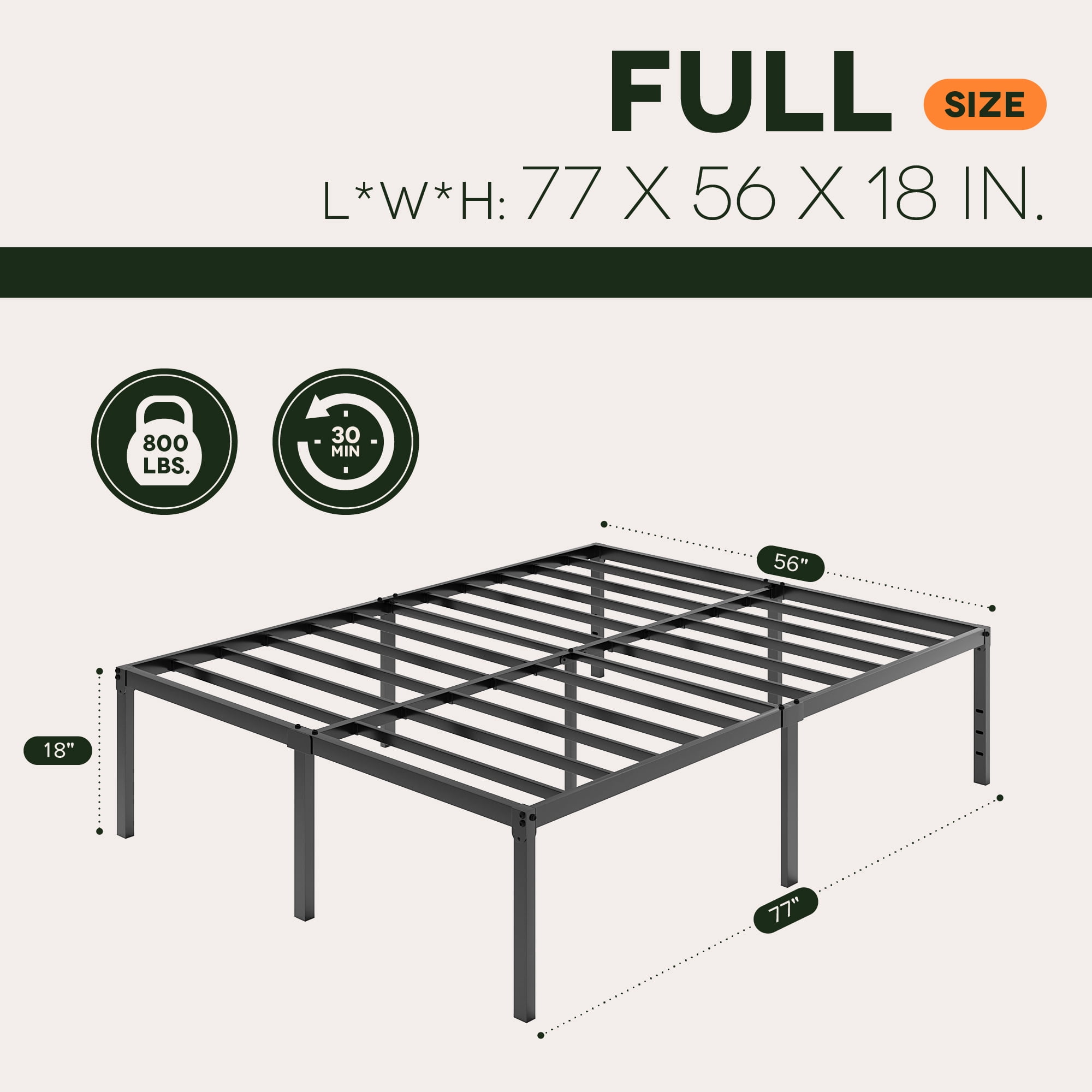 Einfach Full Bed Frame, 18'' Metal Platform Bed with 16.6'' Under-Bed Storage Space, Heavy Duty, No Box Spring Needed, Black