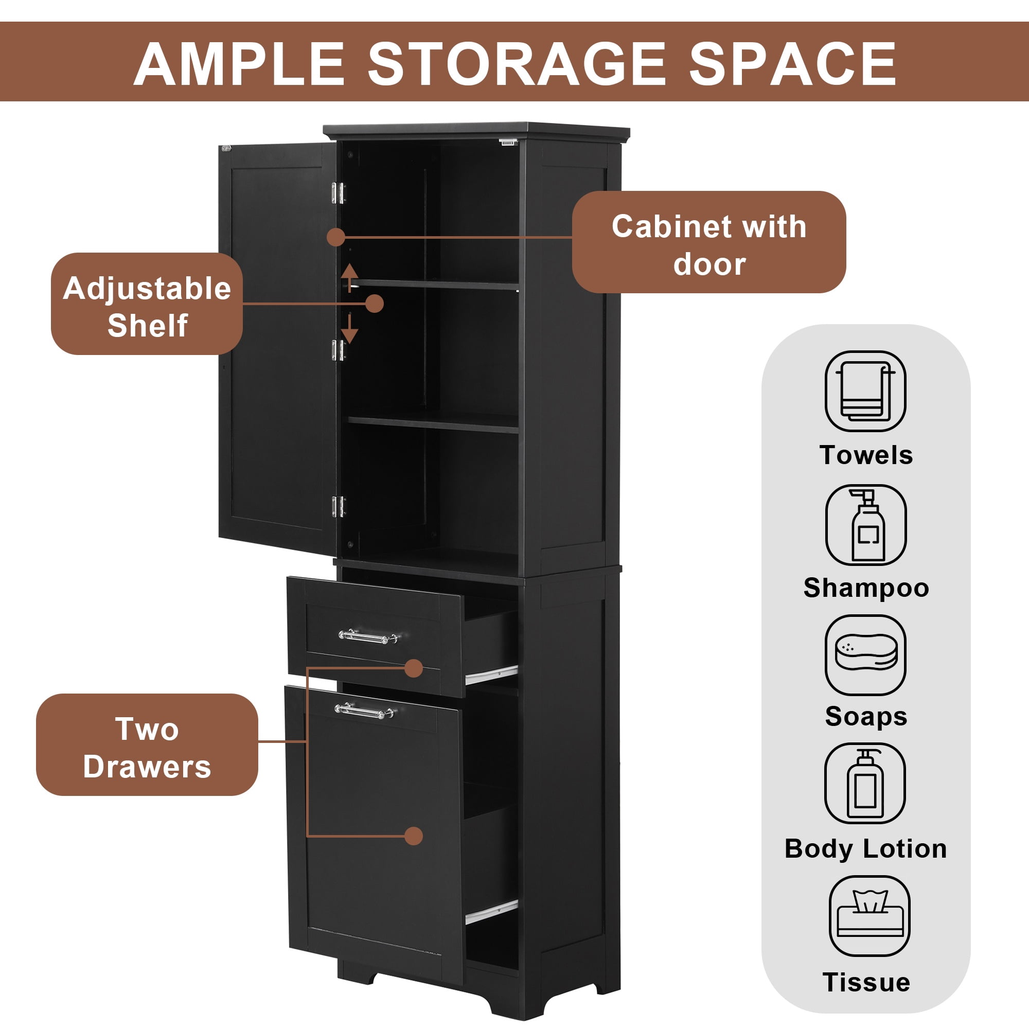 Bellemave 68.1”H Tall Bathroom Storage Cabinet Freestanding Storage Cabinet with 2 Different Size Drawers and 1 Door Wooden Floor Cabinet with Adjustable Shelves for Home, Kitchen, Black
