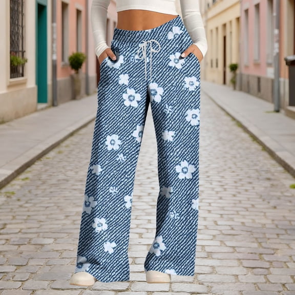 Mifsaly Heart Print Wide Leg Sweatpants Women High Waist Demin Pants Elastic Waistband Soft Cotton Joggers Relaxed Work Vacation Casual Pant With Pockets L