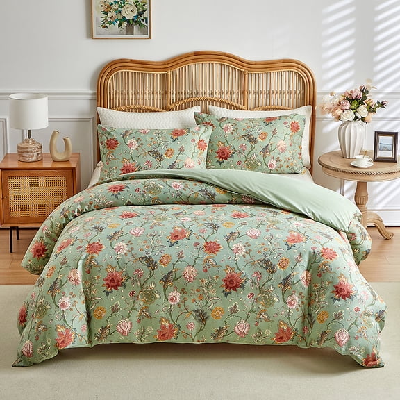 ChliEarime Heicatte Green Floral Duvet Cover Queen Size 3 Piece Washed Cotton Boho Botanical Bedding Set with Hidden Zipper Closure