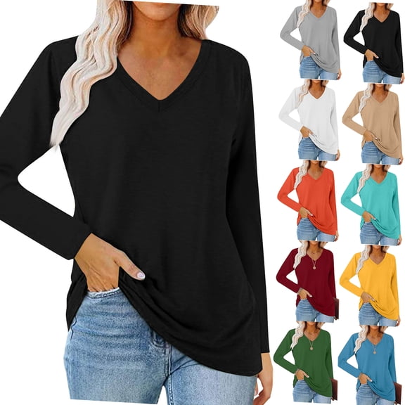 Otntypg Womens T Shirts Plus Size Casual Summer Long Sleeve V Neck Basic Solid Color Tunic Blouse Casual Loose Fit Soft Spring Tees Tops Black M