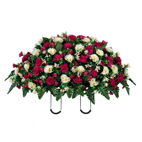 Sympathy Silks Artificial Cemetery Flowers 30" Beauty and Cream Mums Saddle for Headstone