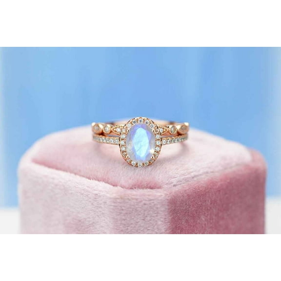 Rose Gold Plated Silver Dainty Natural Moonstone Ring Set, 2Ct Oval Cut Moonstone Vintage Ring Set, Rose Gold Ring Unique Curved Ring, Size 6