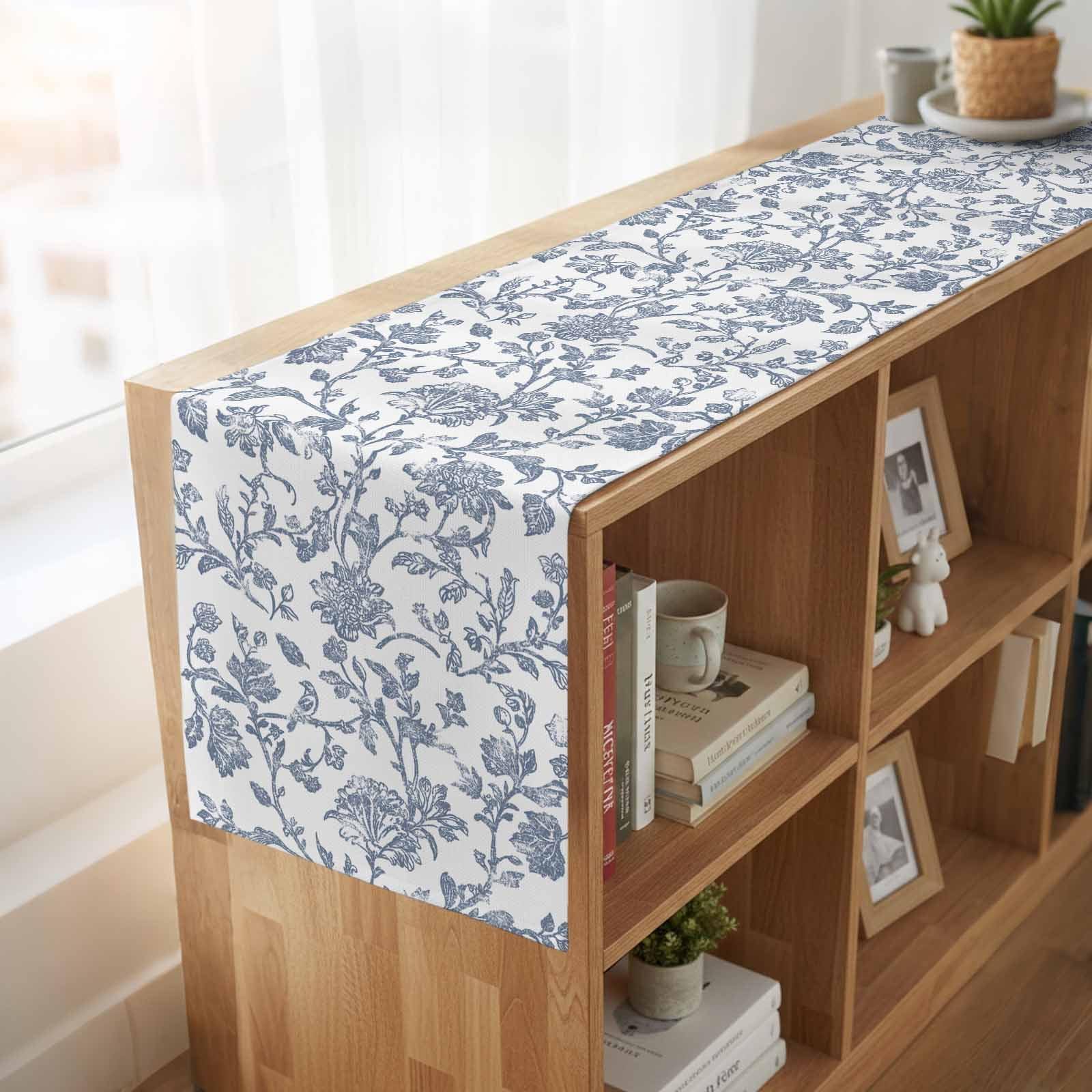 Blue Flower 108 Inch Table Runner, Vintage Farmhouse Boho Leaf Spring Summer Farmhouse Dresser Scarf Cotton & Linen Tablerunner for Dining/Kitchen Island/Holiday Party Décor 13" x 108"