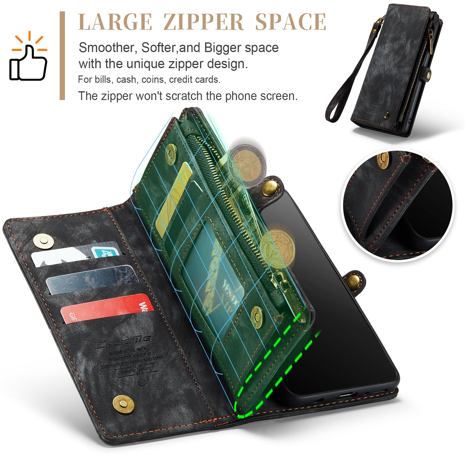 For Samsung Galaxy S10 Wallet Case,Multi-Functional Retro Leather Purse Flip Cover Zipper Wallet Case with Removable Card Slots Pocket & Detachable Wrist Strap Magnetic Phone Case, Black