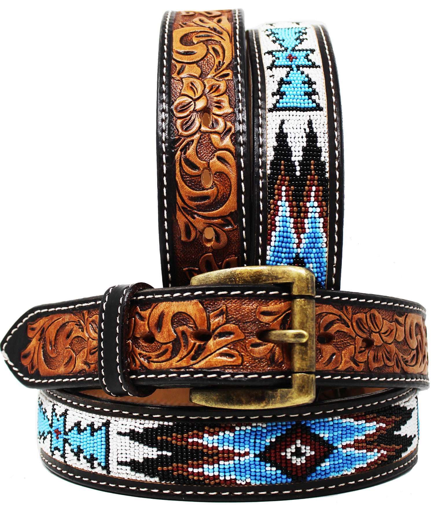 Western Scroll Buckle with Turquoise Tinted Embossed Brown Leather Belt 