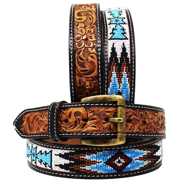 33-34 Men's Western Rodeo Heavy Duty Beaded Full-Grain Leather Belt ...