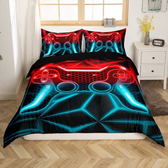 Erosebridal Video Game Comforter Cover Twin,Teal Red Neon Bedding Twin Size,Geometric Honeycomb Duvet Cover Twin,Lightweight Gamepads Bedroom Decorative,Reversible,2-Piece(No Comforter)