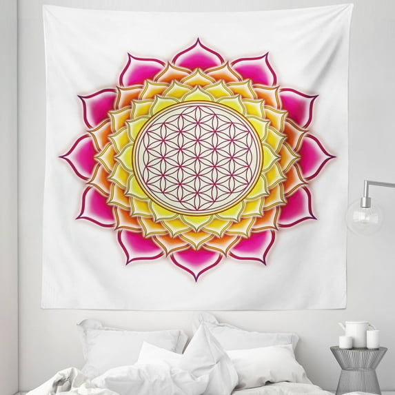Leaf Tapestry, Flower of Life Geometry Pattern Inside Lotus Petals Yoga Image, Fabric Wall Hanging Decor for Bedroom Living Room Dorm, 5 Sizes, Hot Pink Orange Yellow, by Ambesonne