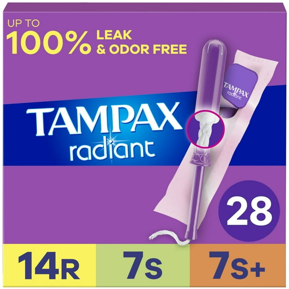 Tampax Radiant Tampons Trio Pack with Regular/Super/Super Plus Absorbency, 28 Count, Unscented
