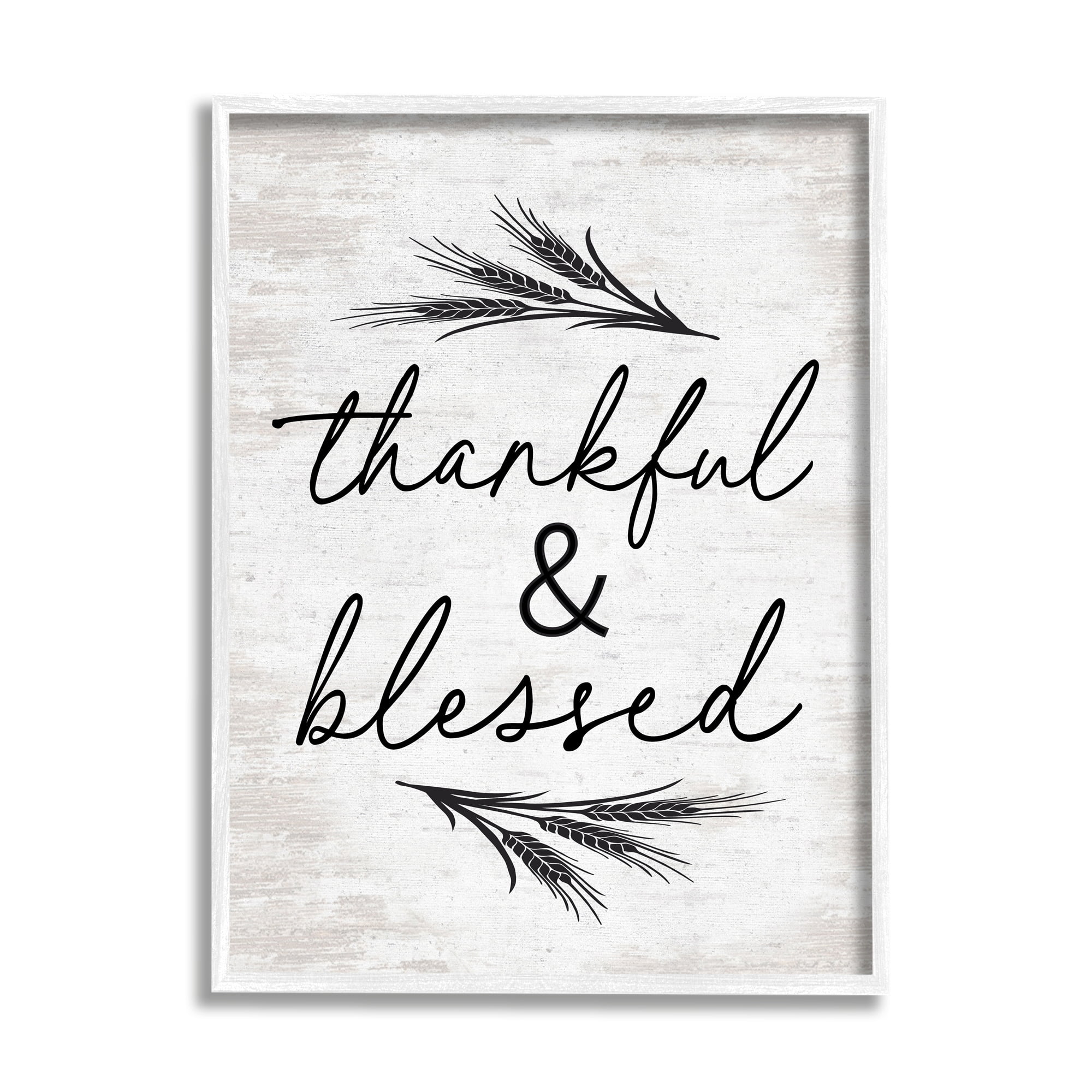 Stupell Industries Thankful & Blessed Rustic Wheat Sprig Motif Graphic Art White Framed Art Print Wall Art, Design by Lettered and Lined