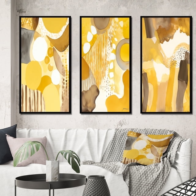 Designart "Dreams in Mustard Yellow Retro Watercolor II" Modern Midcentury Framed Wall Art Set Of 3 - Yellow Abstract Midcentury Frame Gallery Set For Office Decor